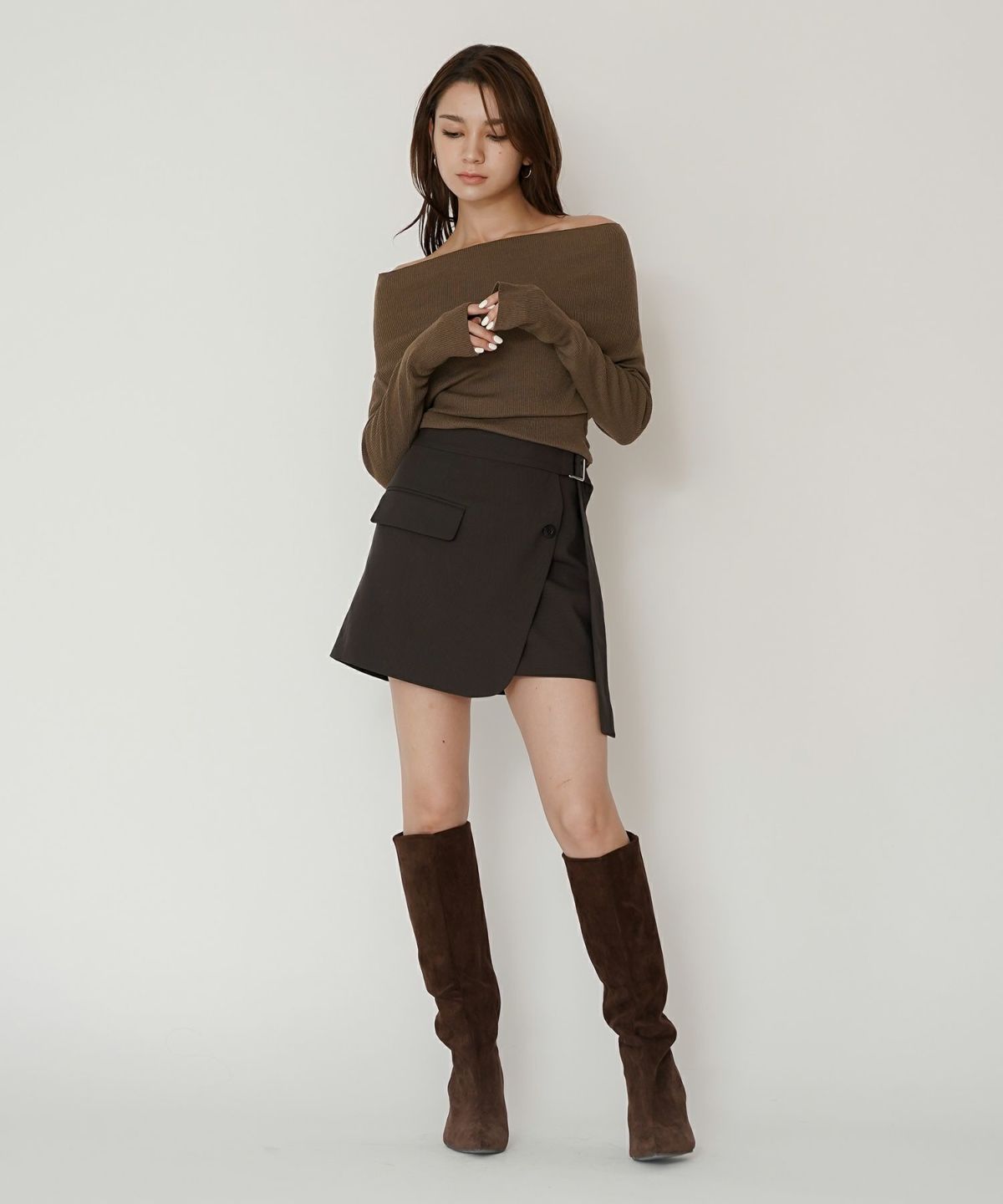 ミニスカート ショート丈 ミニボトム ウエストゴム 台形 タイトスカート 制服 韓国風 綺麗め 細見え カジュアル KINO THE KEI