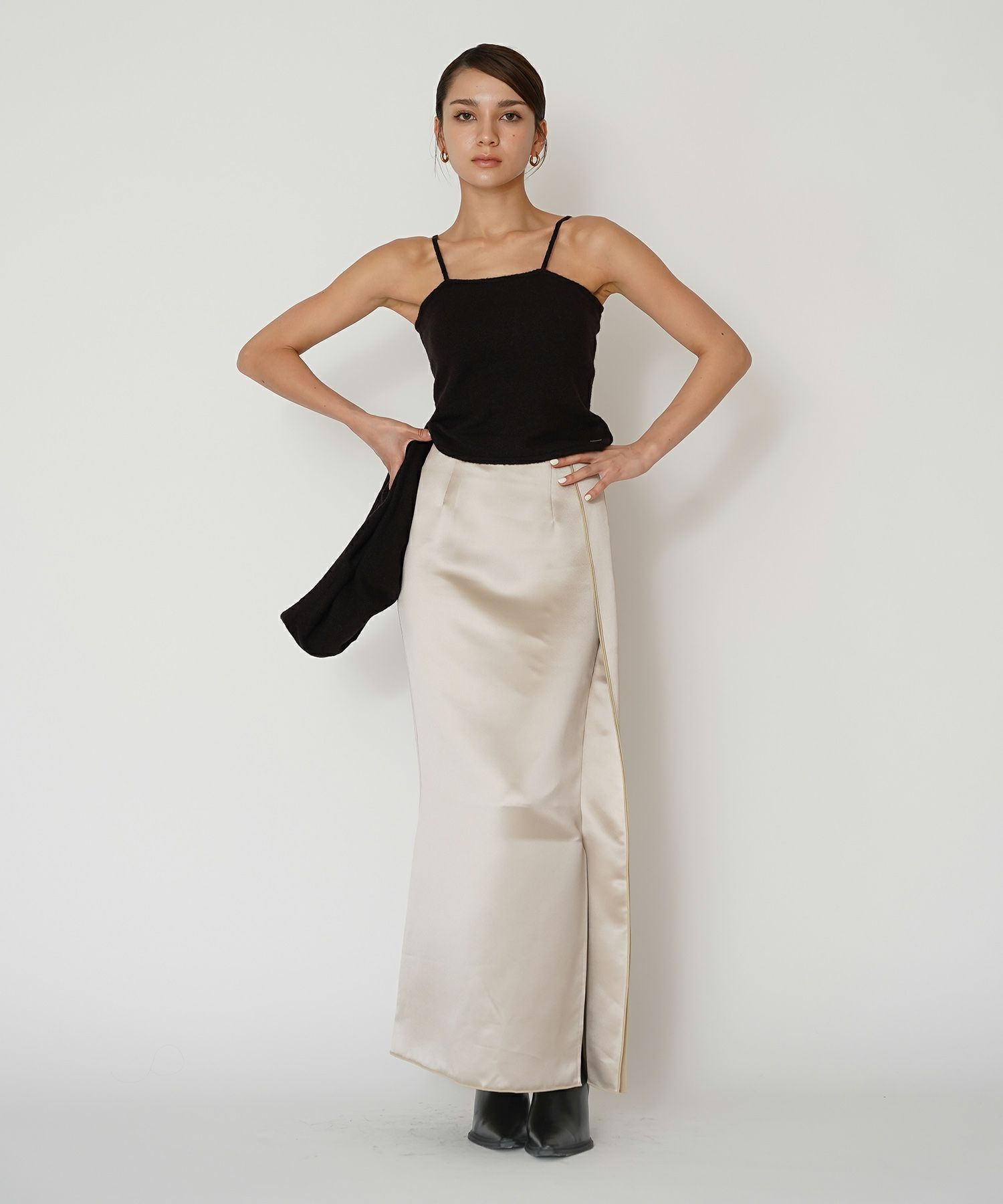 オフィス フォーマル デート サテンスカート Iラインスカート ロングスカート タイトスカート 韓国風 綺麗め 細見え カジュアル KINO THE KEI