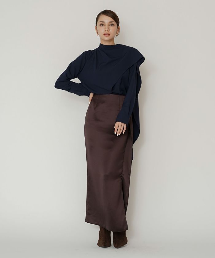 オフィス フォーマル デート サテンスカート Iラインスカート ロングスカート タイトスカート 韓国風 綺麗め 細見え カジュアル KINO THE KEI