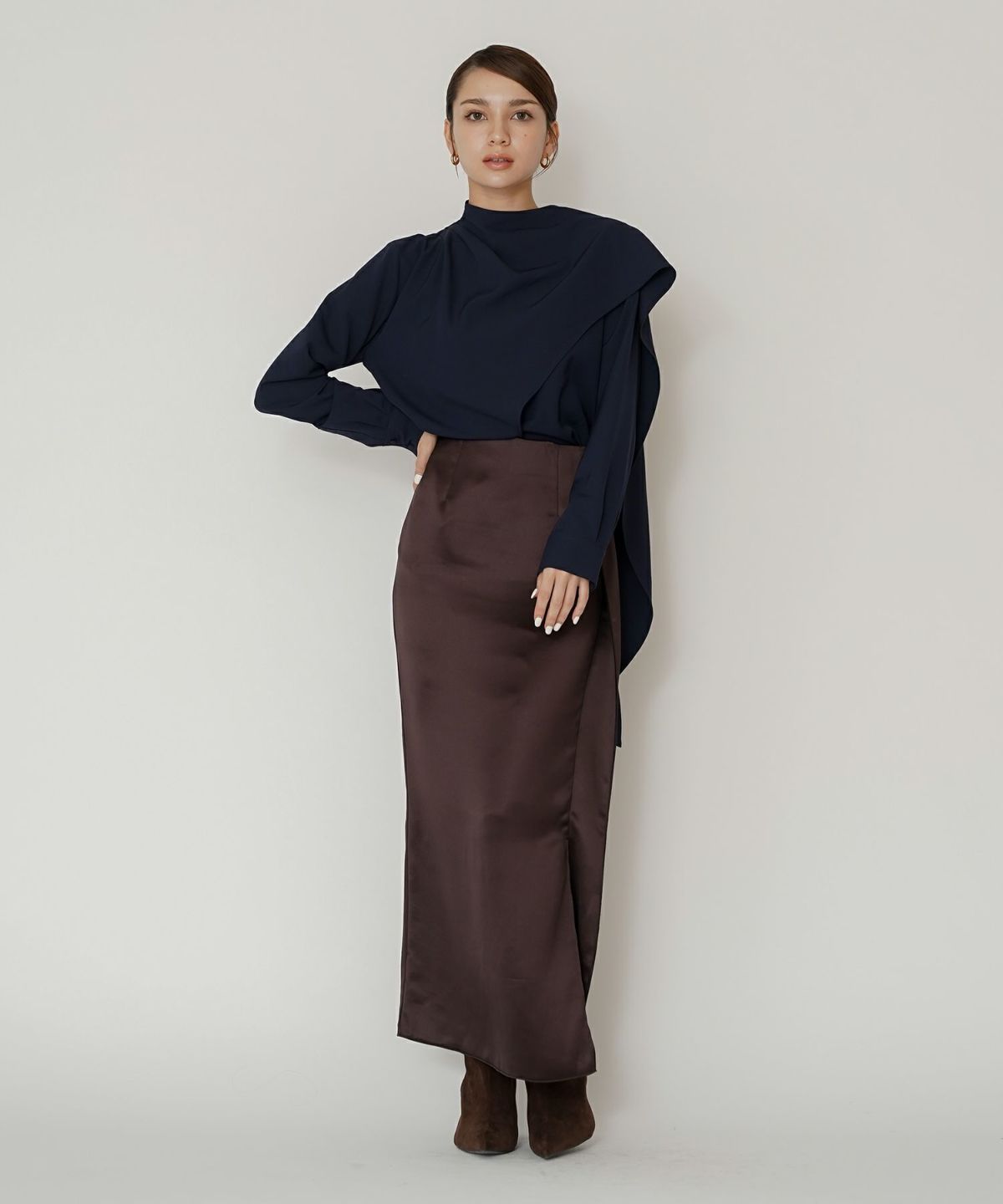 オフィス フォーマル デート サテンスカート Iラインスカート ロングスカート タイトスカート 韓国風 綺麗め 細見え カジュアル KINO THE KEI