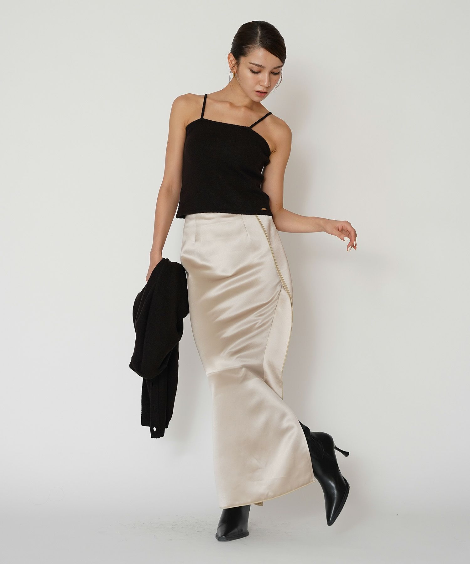 オフィス フォーマル デート サテンスカート Iラインスカート ロングスカート タイトスカート 韓国風 綺麗め 細見え カジュアル KINO THE KEI