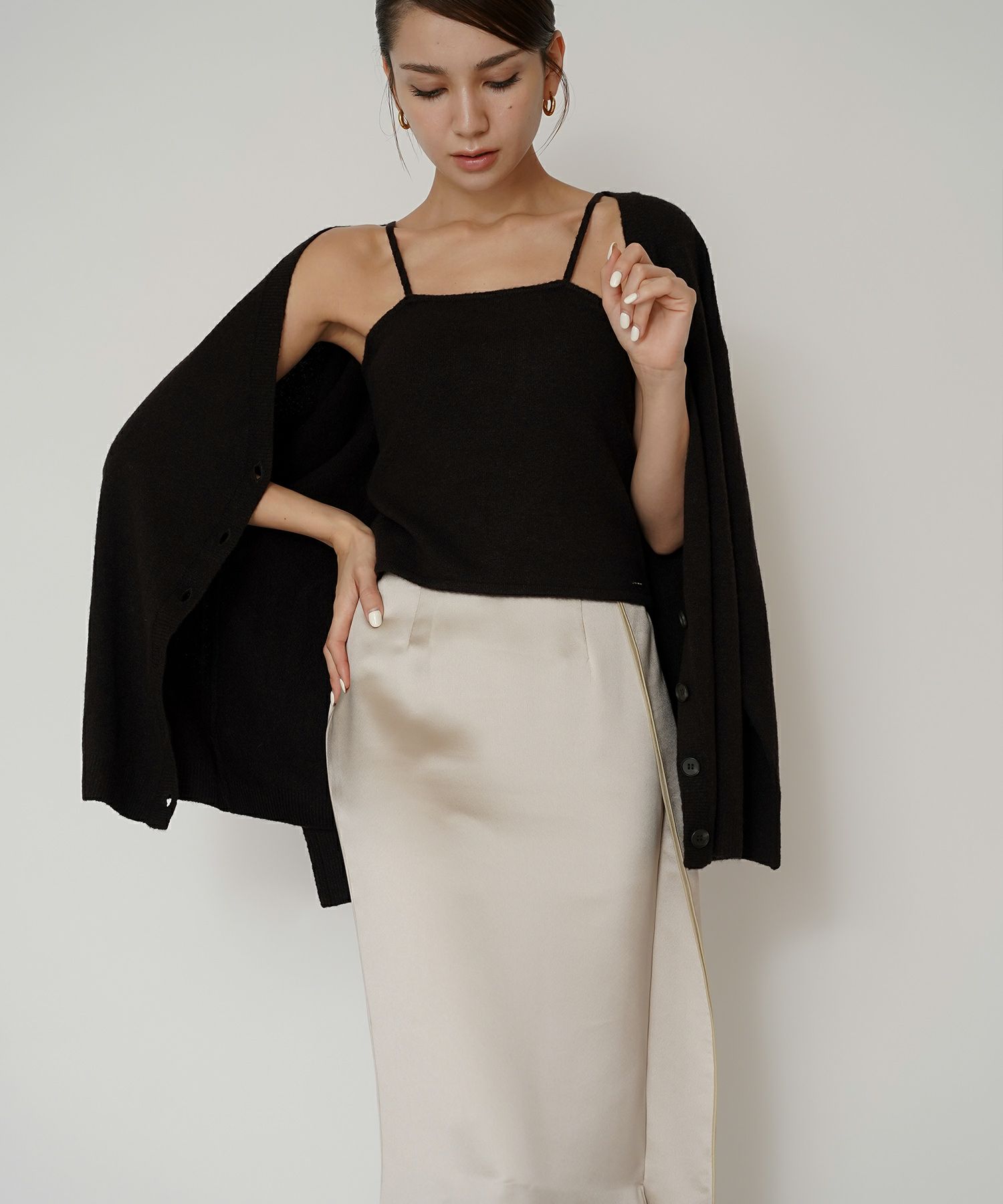 オフィス フォーマル デート サテンスカート Iラインスカート ロングスカート タイトスカート 韓国風 綺麗め 細見え カジュアル KINO THE KEI