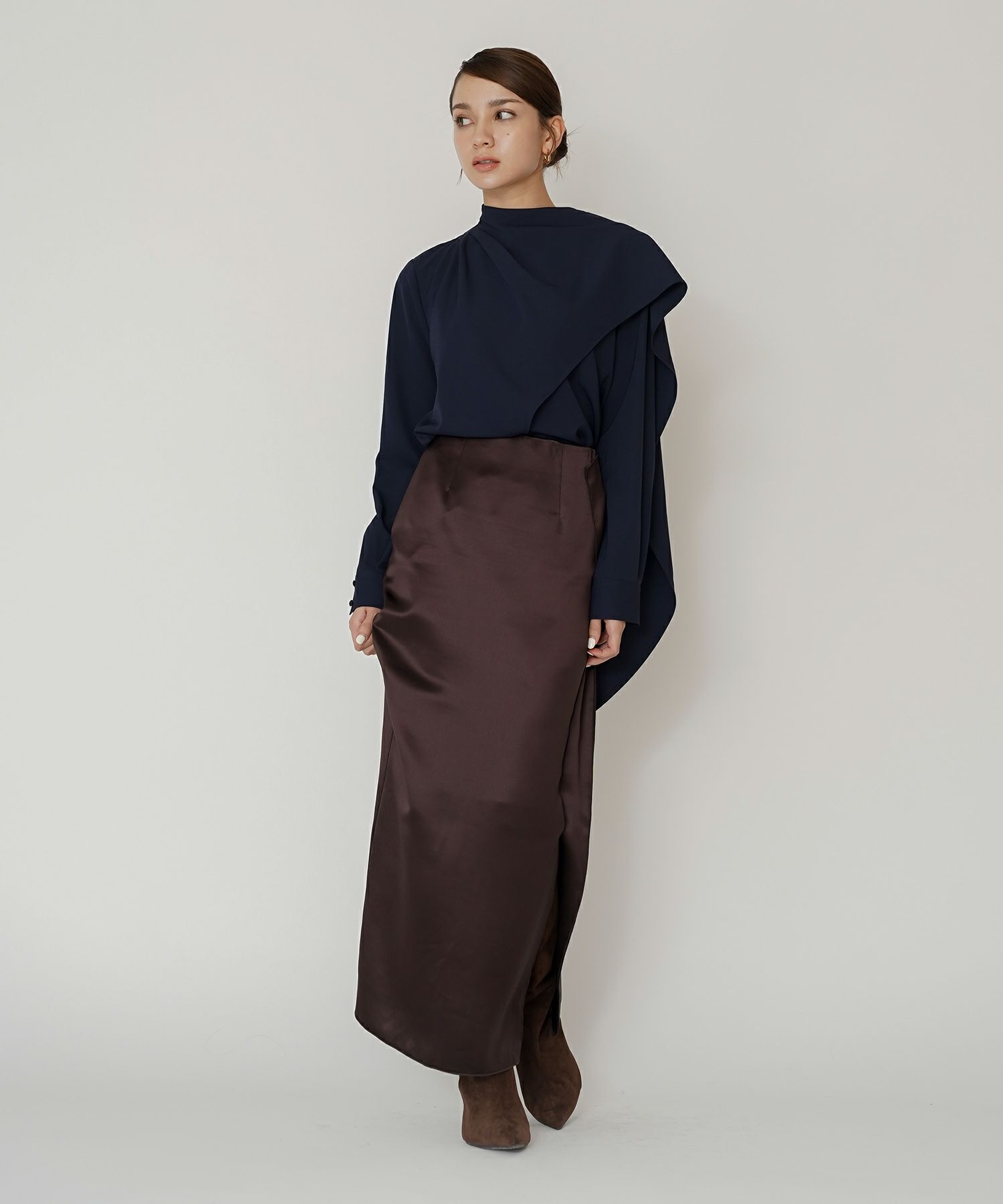 オフィス フォーマル デート サテンスカート Iラインスカート ロングスカート タイトスカート 韓国風 綺麗め 細見え カジュアル KINO THE KEI