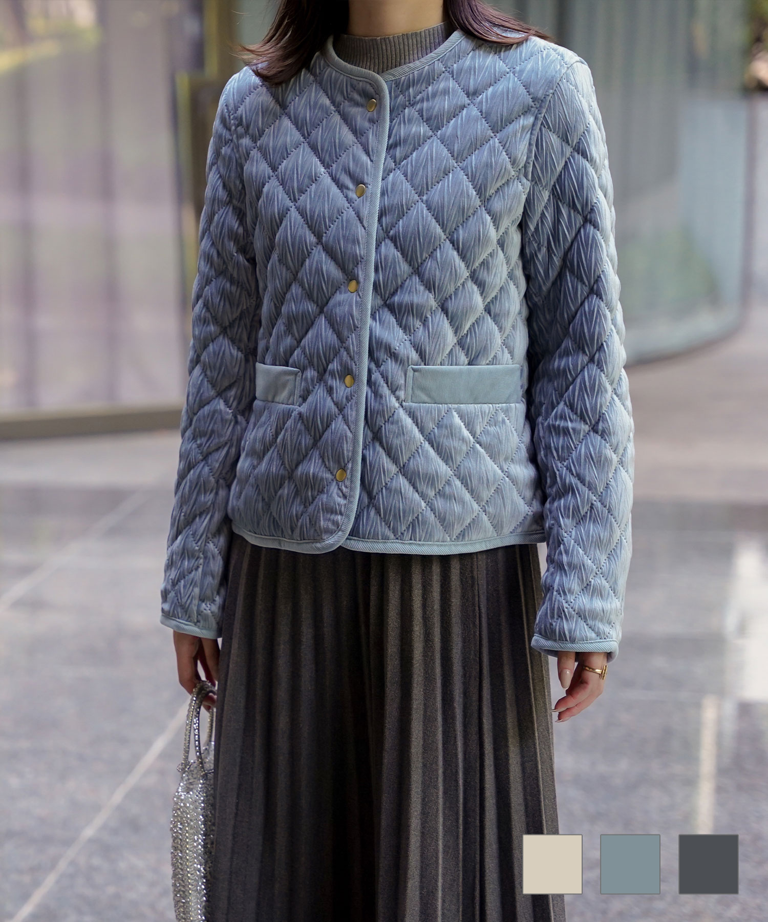 キルティング ベロア ジャケット ブルゾン アウター 大人カジュアル トレンド 秋 冬 アイボリー/サックス/ネイビー M