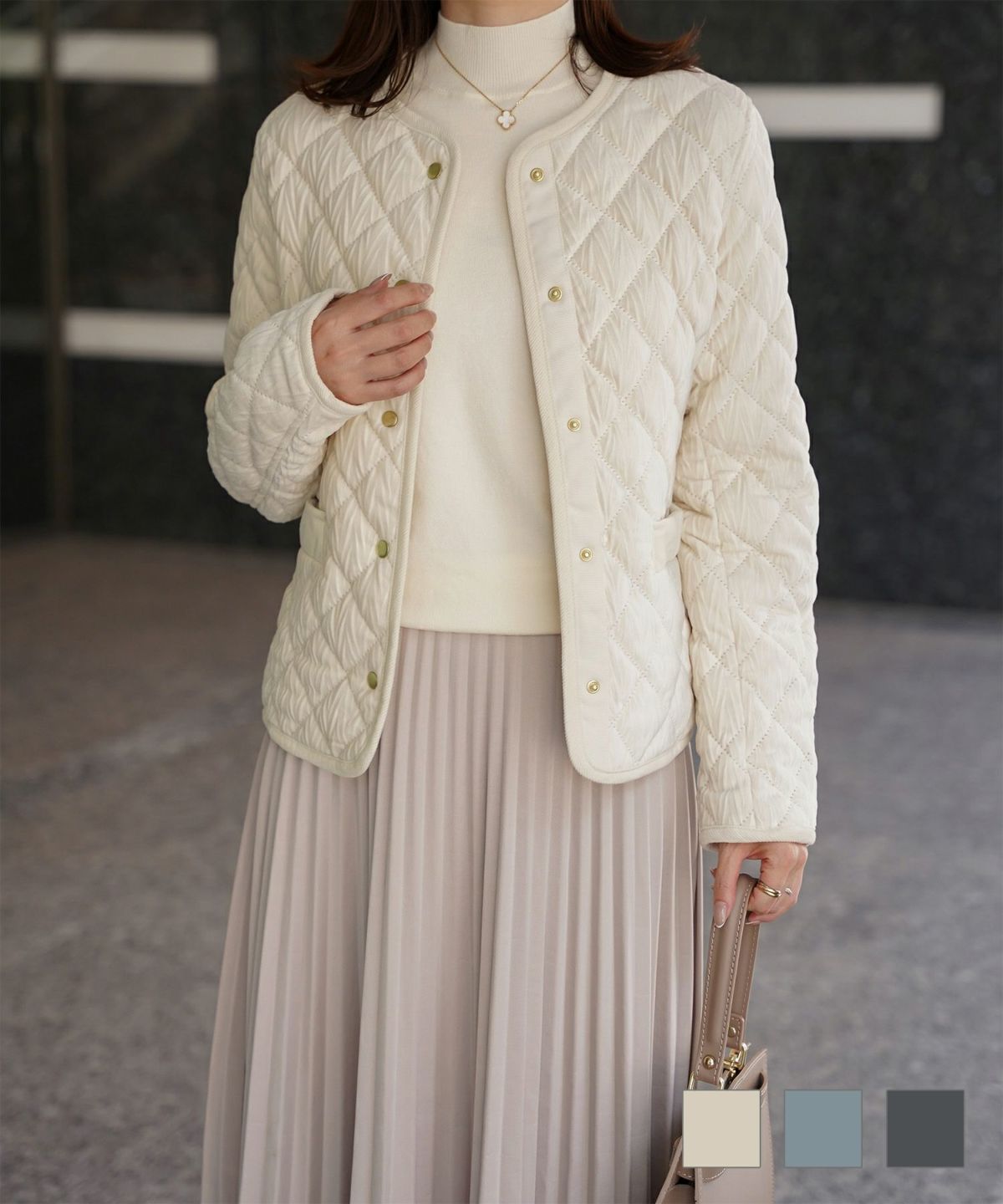 キルティング ベロア ジャケット ブルゾン アウター 大人カジュアル トレンド 秋 冬 アイボリー/サックス/ネイビー M