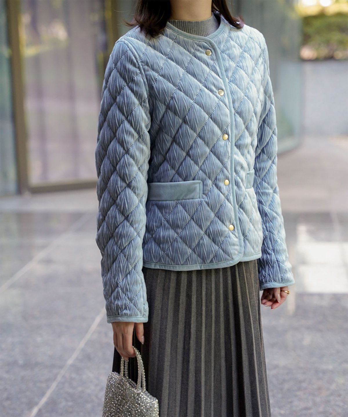 キルティング ベロア ジャケット ブルゾン アウター 大人カジュアル トレンド 秋 冬 アイボリー/サックス/ネイビー M