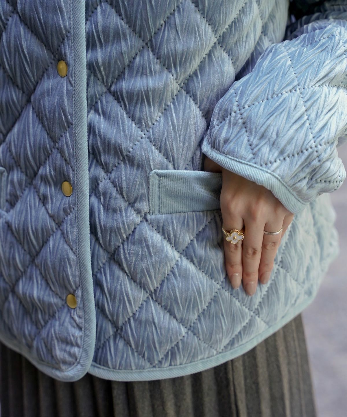 キルティング ベロア ジャケット ブルゾン アウター 大人カジュアル トレンド 秋 冬 アイボリー/サックス/ネイビー M