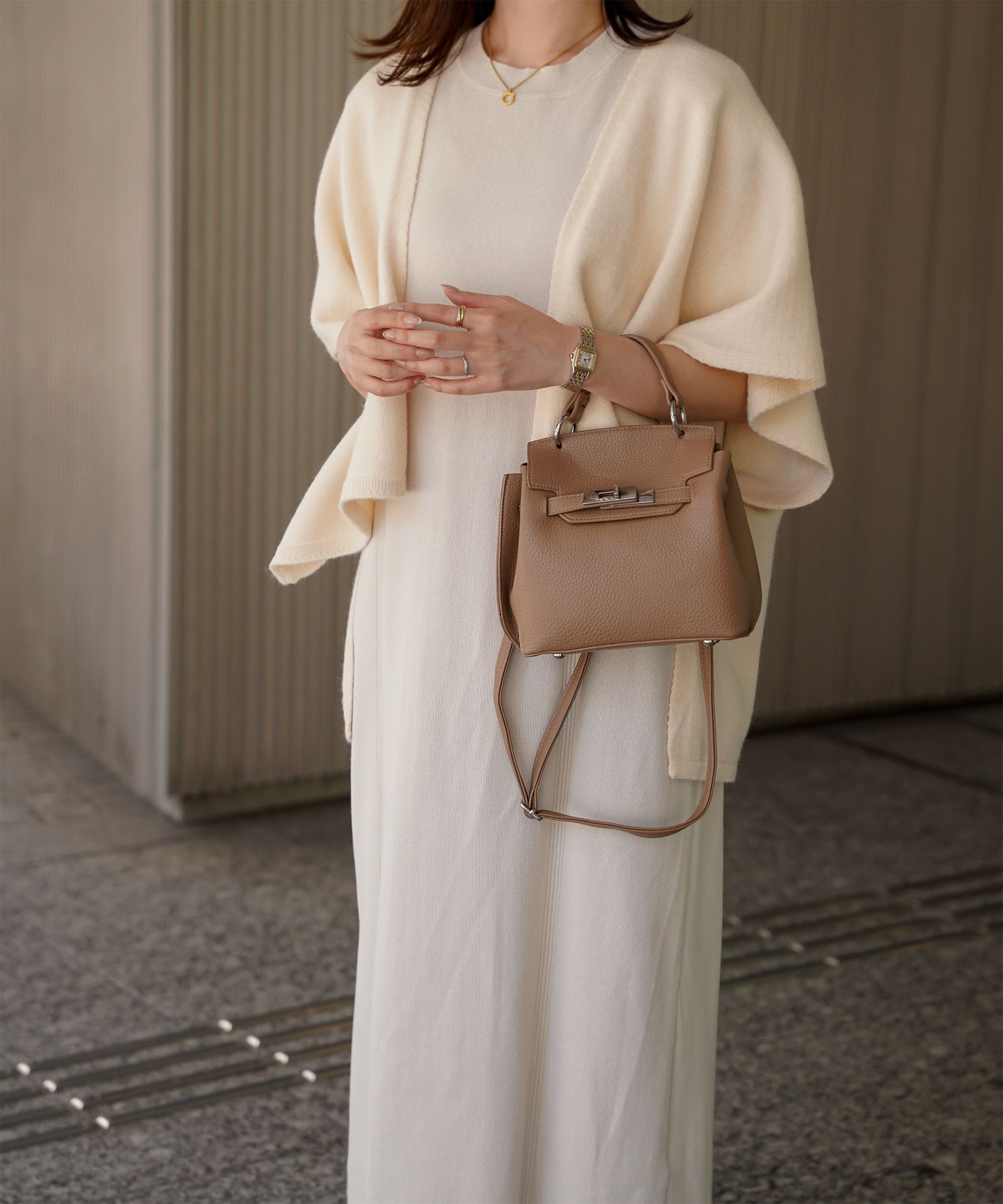 ショール風 ニット カーディガン 五分袖 ショール 羽織り きれいめ 洗える アイボリー/グレー/M