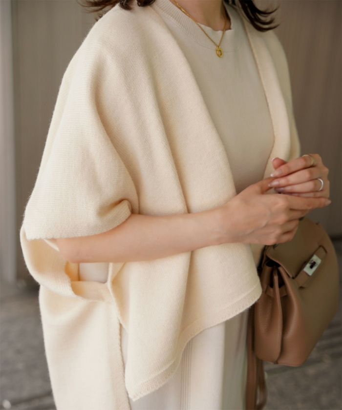 ショール風 ニット カーディガン 五分袖 ショール 羽織り きれいめ 洗える アイボリー/グレー/M