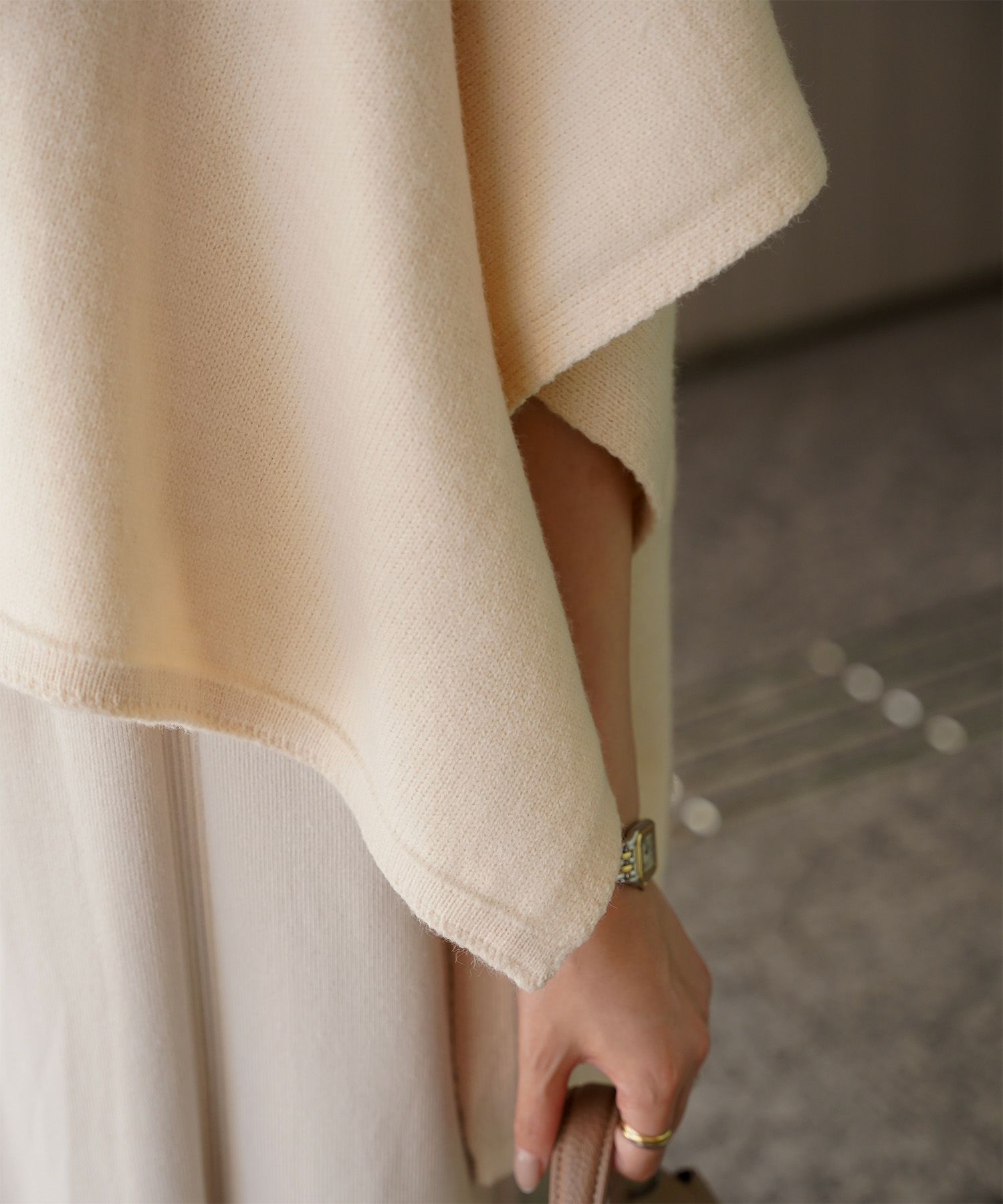 ショール風 ニット カーディガン 五分袖 ショール 羽織り きれいめ 洗える アイボリー/グレー/M