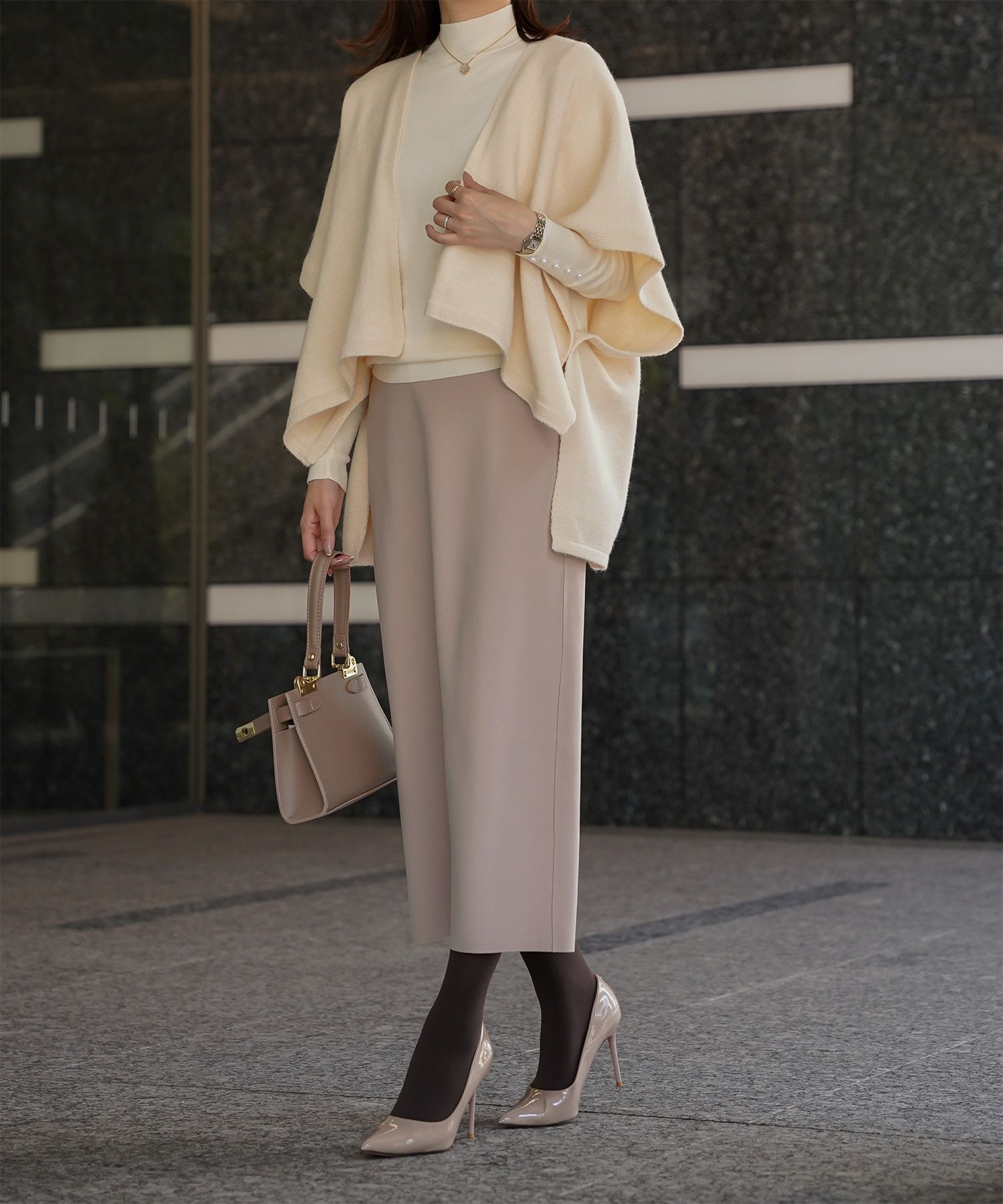 ショール風 ニット カーディガン 五分袖 ショール 羽織り きれいめ 洗える アイボリー/グレー/M