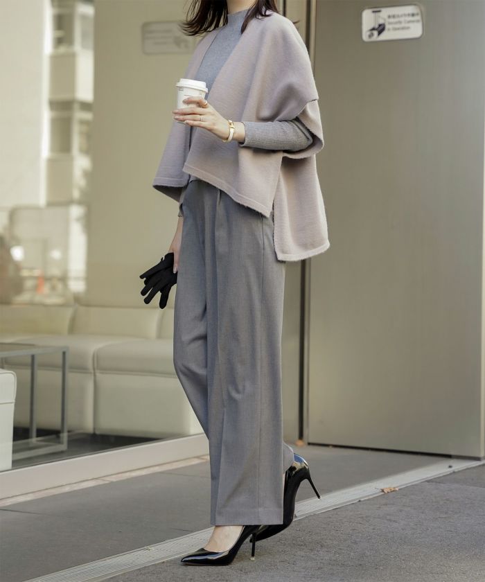 ショール風 ニット カーディガン 五分袖 ショール 羽織り きれいめ 洗える アイボリー/グレー/M