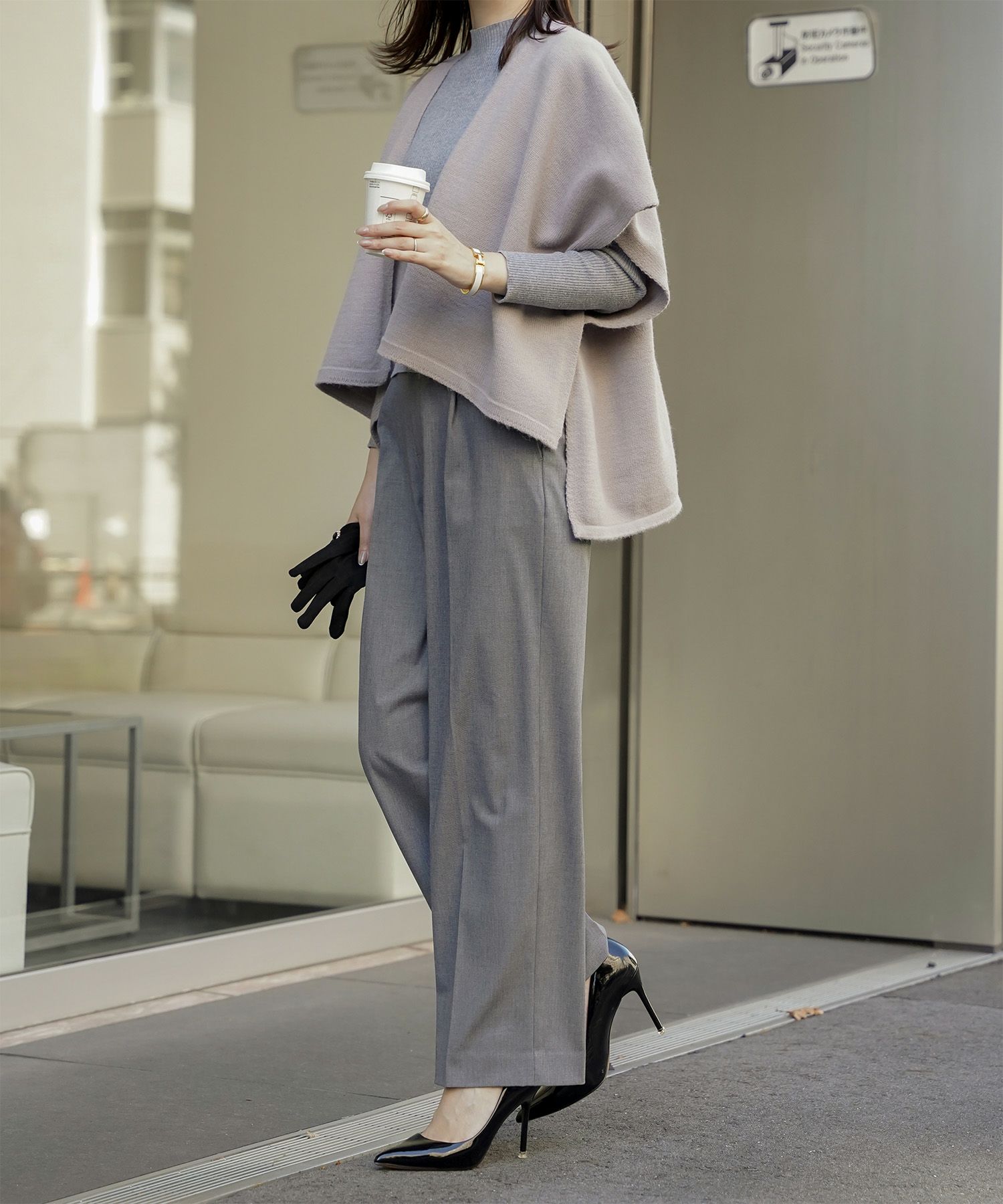 ショール風 ニット カーディガン 五分袖 ショール 羽織り きれいめ 洗える アイボリー/グレー/M