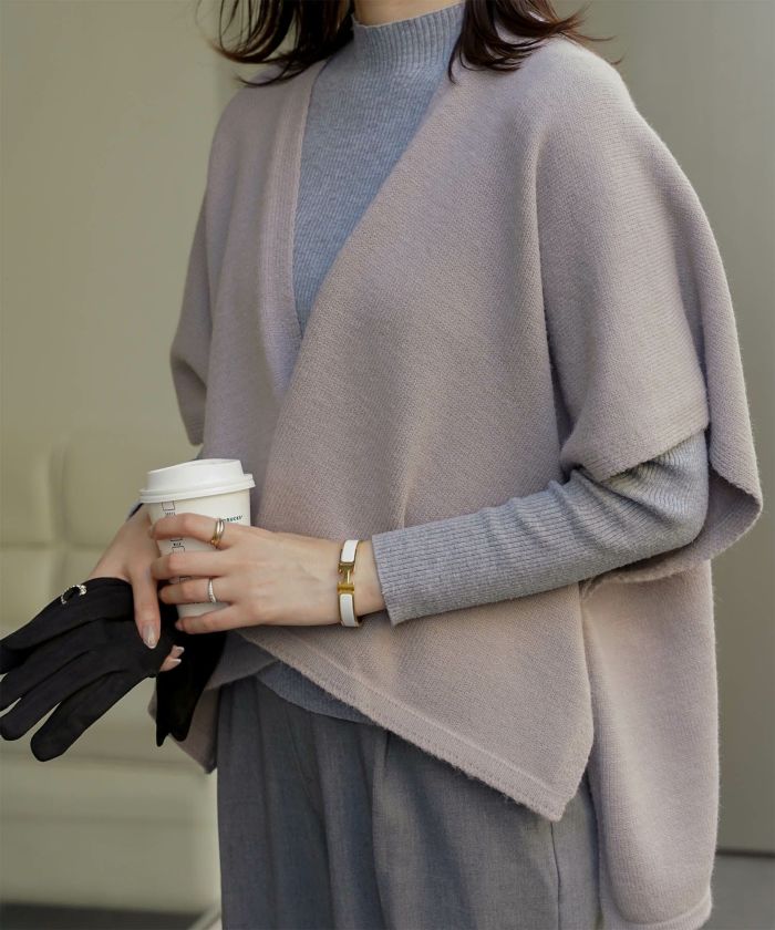 ショール風 ニット カーディガン 五分袖 ショール 羽織り きれいめ 洗える アイボリー/グレー/M