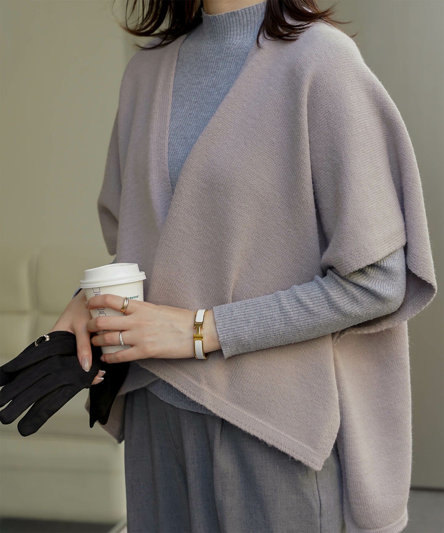 ショール風 ニット カーディガン 五分袖 ショール 羽織り きれいめ 洗える アイボリー/グレー/M