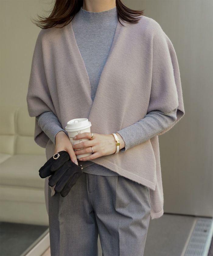 ショール風 ニット カーディガン 五分袖 ショール 羽織り きれいめ 洗える アイボリー/グレー/M