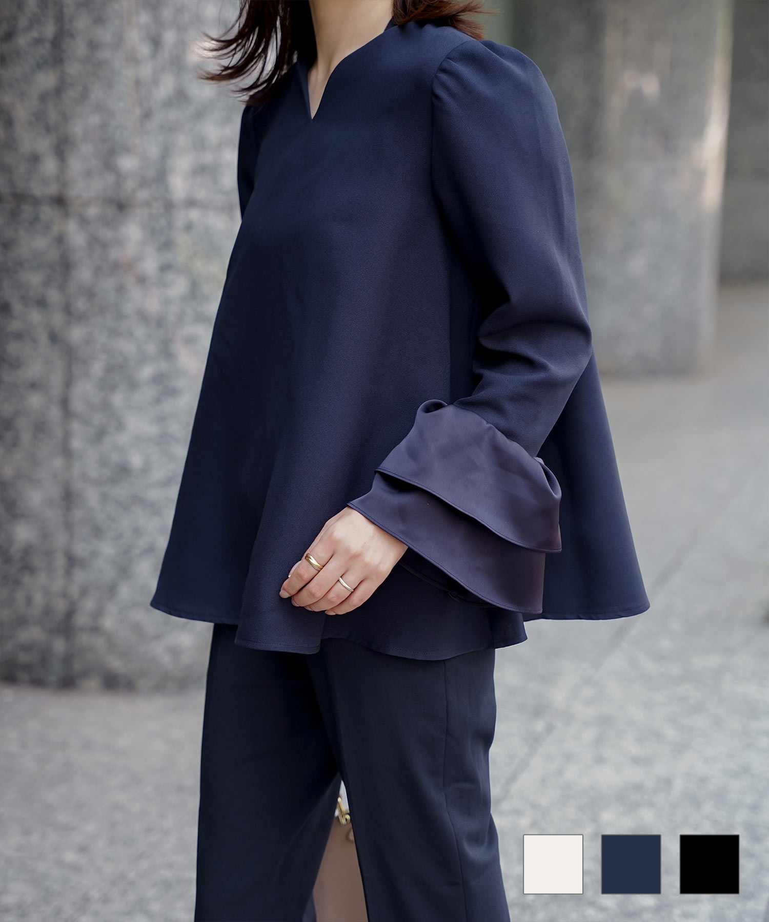 サテン ベルスリーブ ブラウス レディース 長袖 フレア オフィス 学校行事 オケージョン きれいめ 洗える ホワイト/ネイビー/ブラック/M