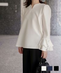 サテン ベルスリーブ ブラウス レディース 長袖 フレア オフィス 学校行事 オケージョン きれいめ 洗える ホワイト/ネイビー/ブラック/M