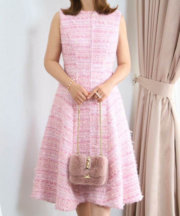 レディース ファッション ワンピース 秋冬 ピンク かわいい きれいめ ツイード フィット&フレア 大人 オフィス お呼ばれ デート パーティー