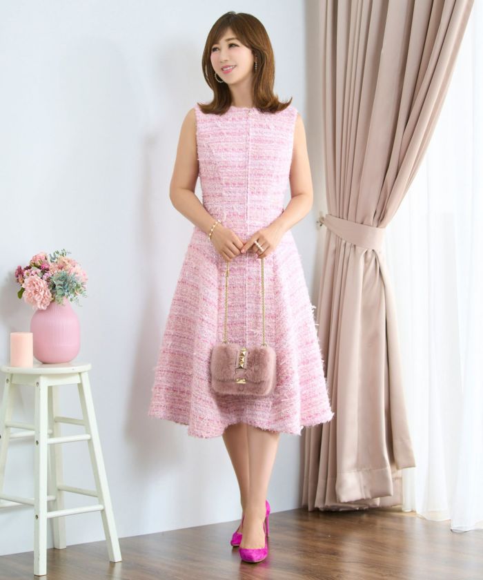レディース ファッション ワンピース 秋冬 ピンク かわいい きれいめ ツイード フィット&フレア 大人 オフィス お呼ばれ デート パーティー