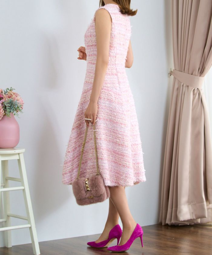 レディース ファッション ワンピース 秋冬 ピンク かわいい きれいめ ツイード フィット&フレア 大人 オフィス お呼ばれ デート パーティー