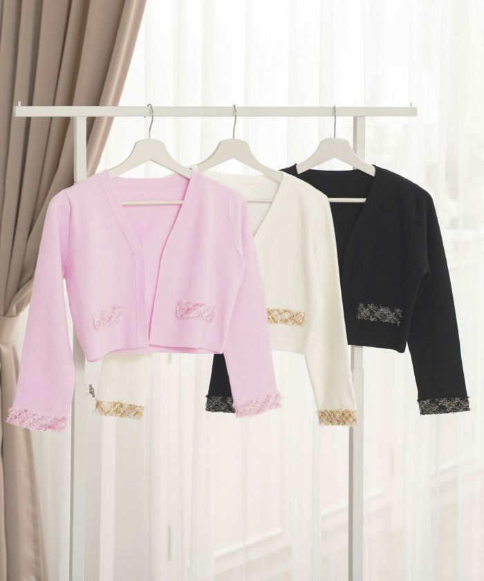 ニット ボレロ レディース ファッション きれいめ コーデ かわいい 大人 秋冬 春 白黒 ピンク ハイゲージ オフィス ショート丈 長袖