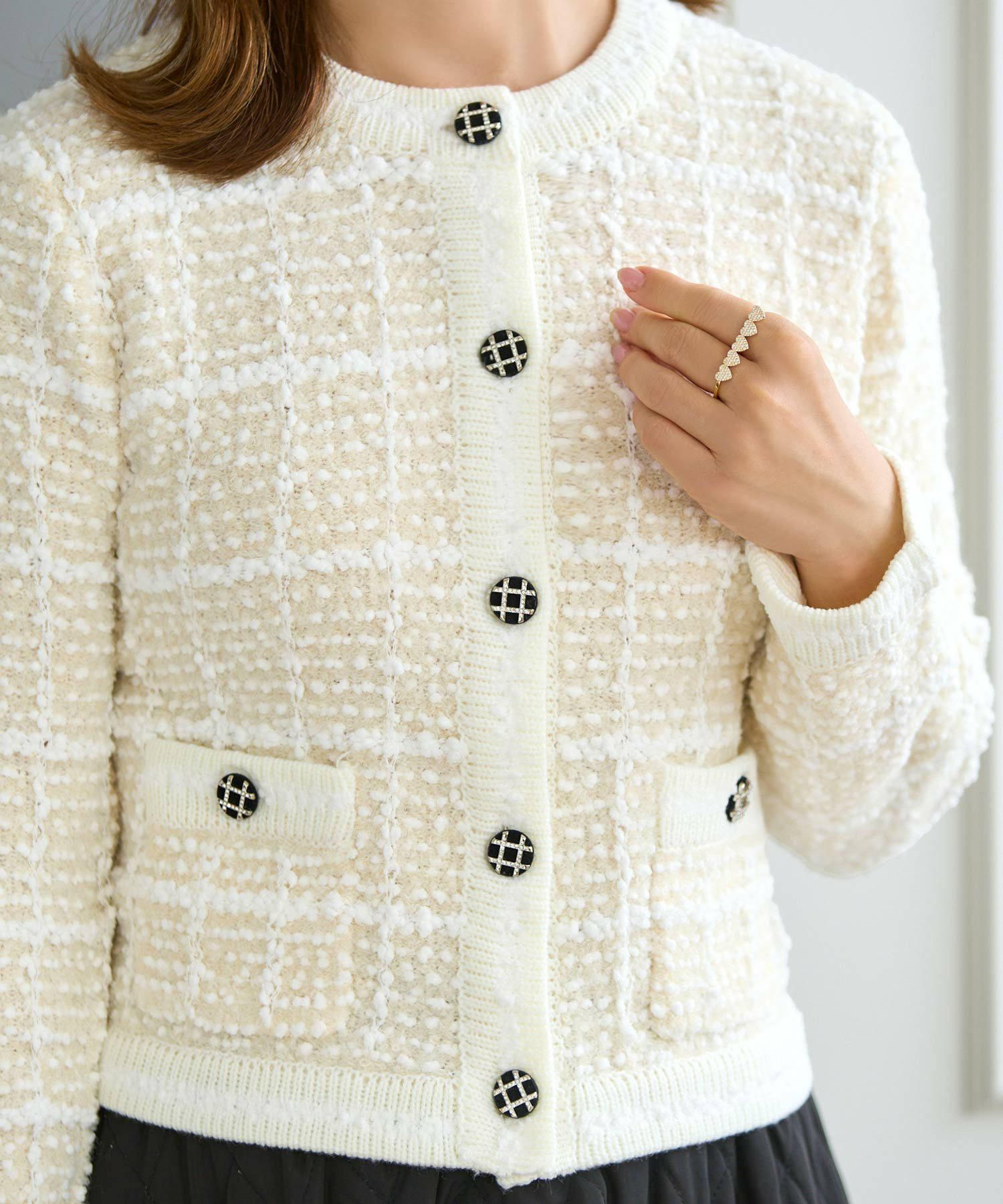 ニット トップス カーディガン ツイード調 アウター 羽織り チェック柄 カラフル オフィス きれいめ かわいい おしゃれ 秋冬春 長袖 ジョイントスペース