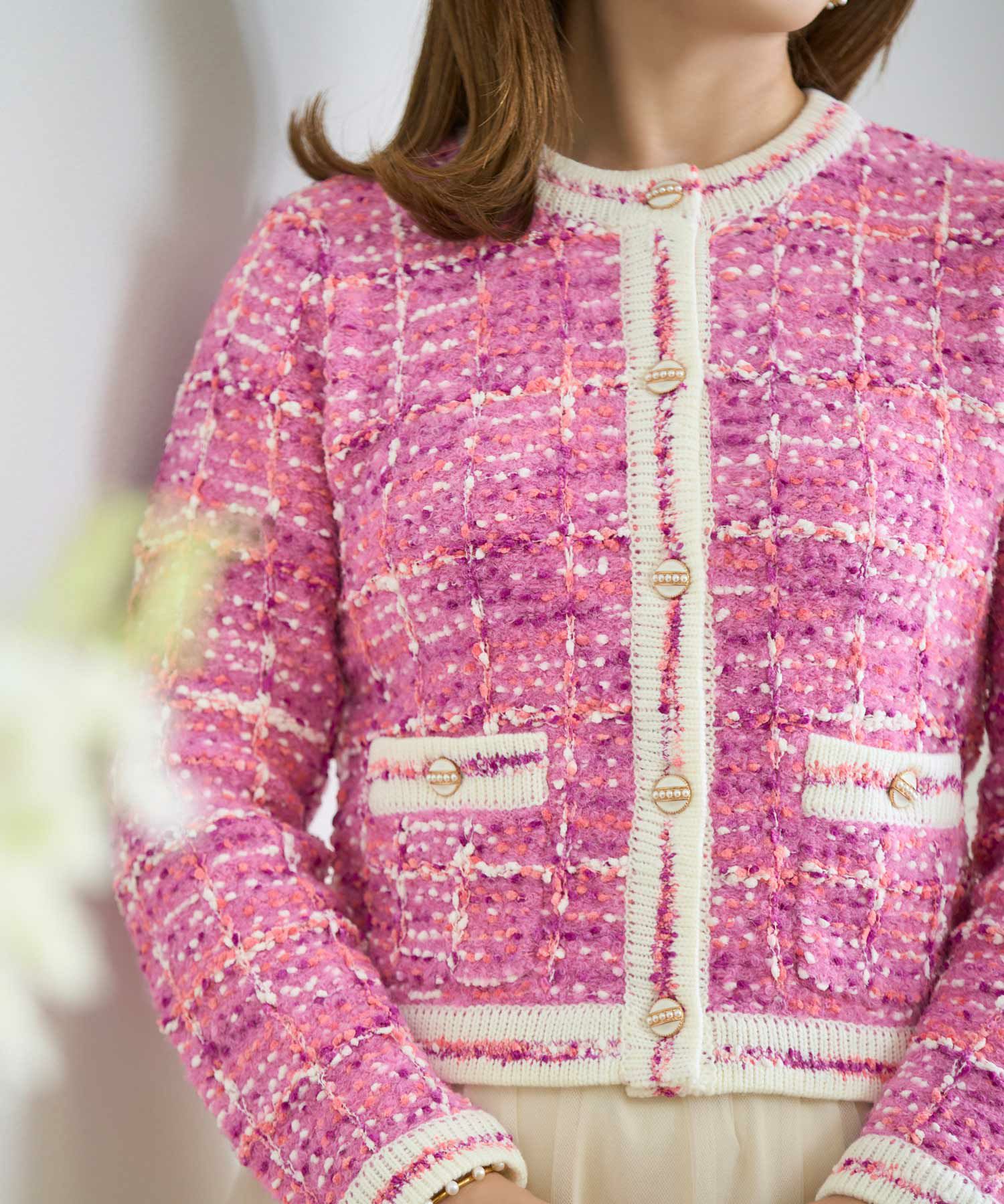 ニット トップス カーディガン ツイード調 アウター 羽織り チェック柄 カラフル オフィス きれいめ かわいい おしゃれ 秋冬春 長袖 ジョイントスペース