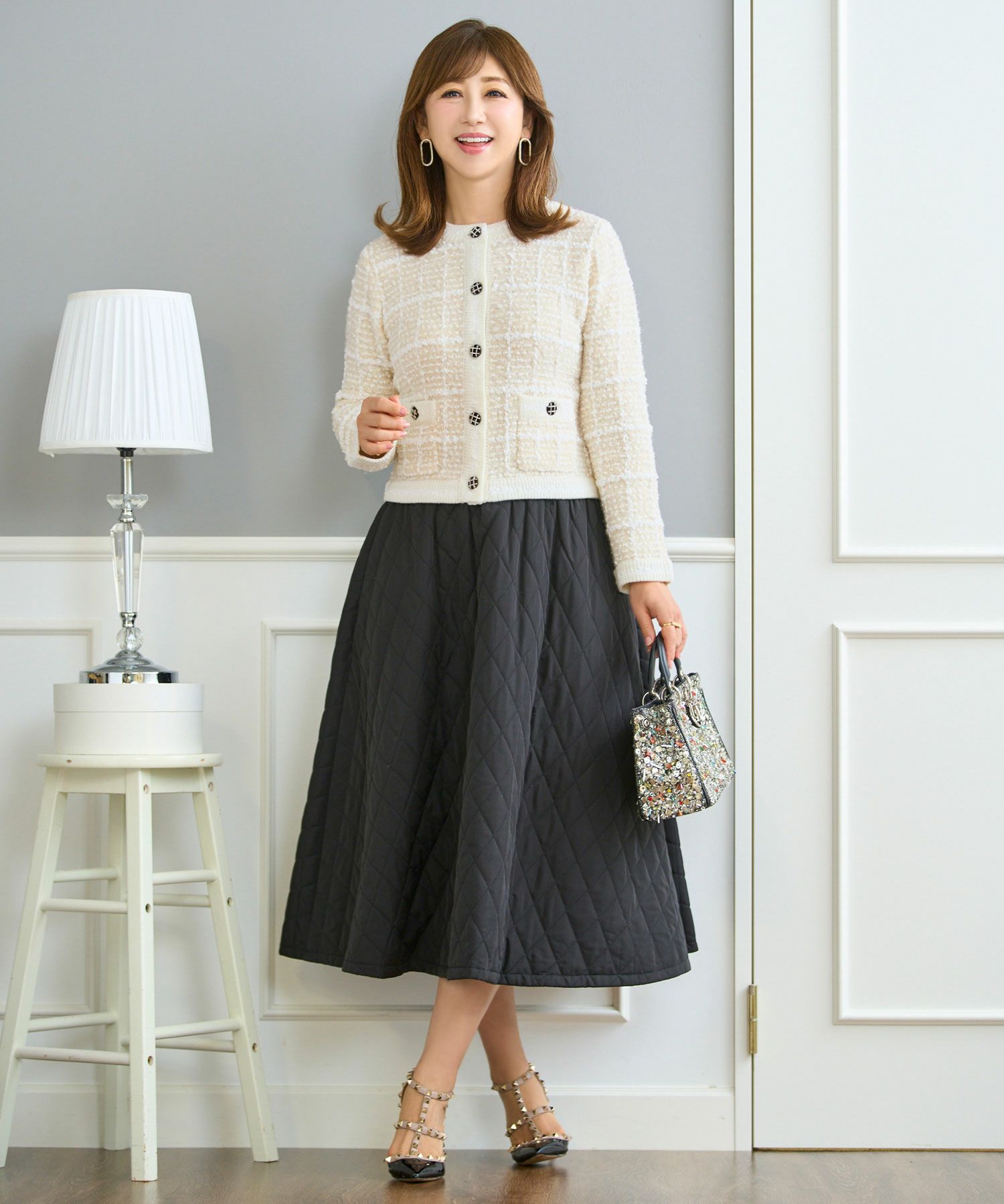 ニット トップス カーディガン ツイード調 アウター 羽織り チェック柄 カラフル オフィス きれいめ かわいい おしゃれ 秋冬春 長袖 ジョイントスペース