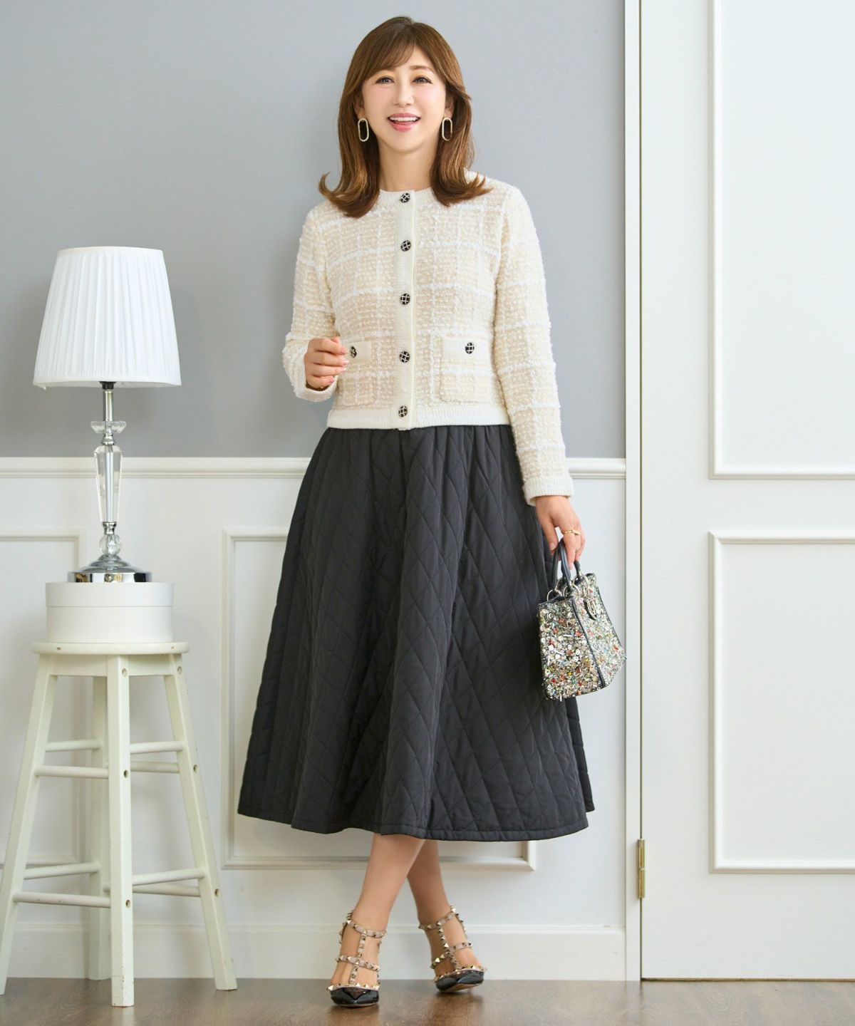 ニット トップス カーディガン ツイード調 アウター 羽織り チェック柄 カラフル オフィス きれいめ かわいい おしゃれ 秋冬春 長袖 ジョイントスペース