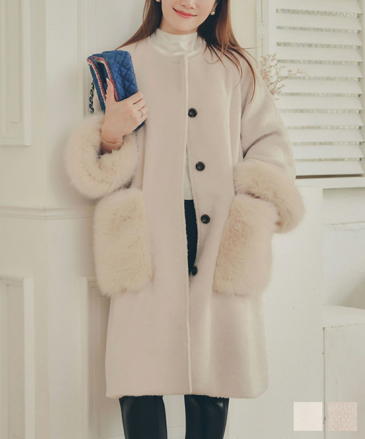 袖口＆ポケット フェイクファー 丸首 コート Liala×PG