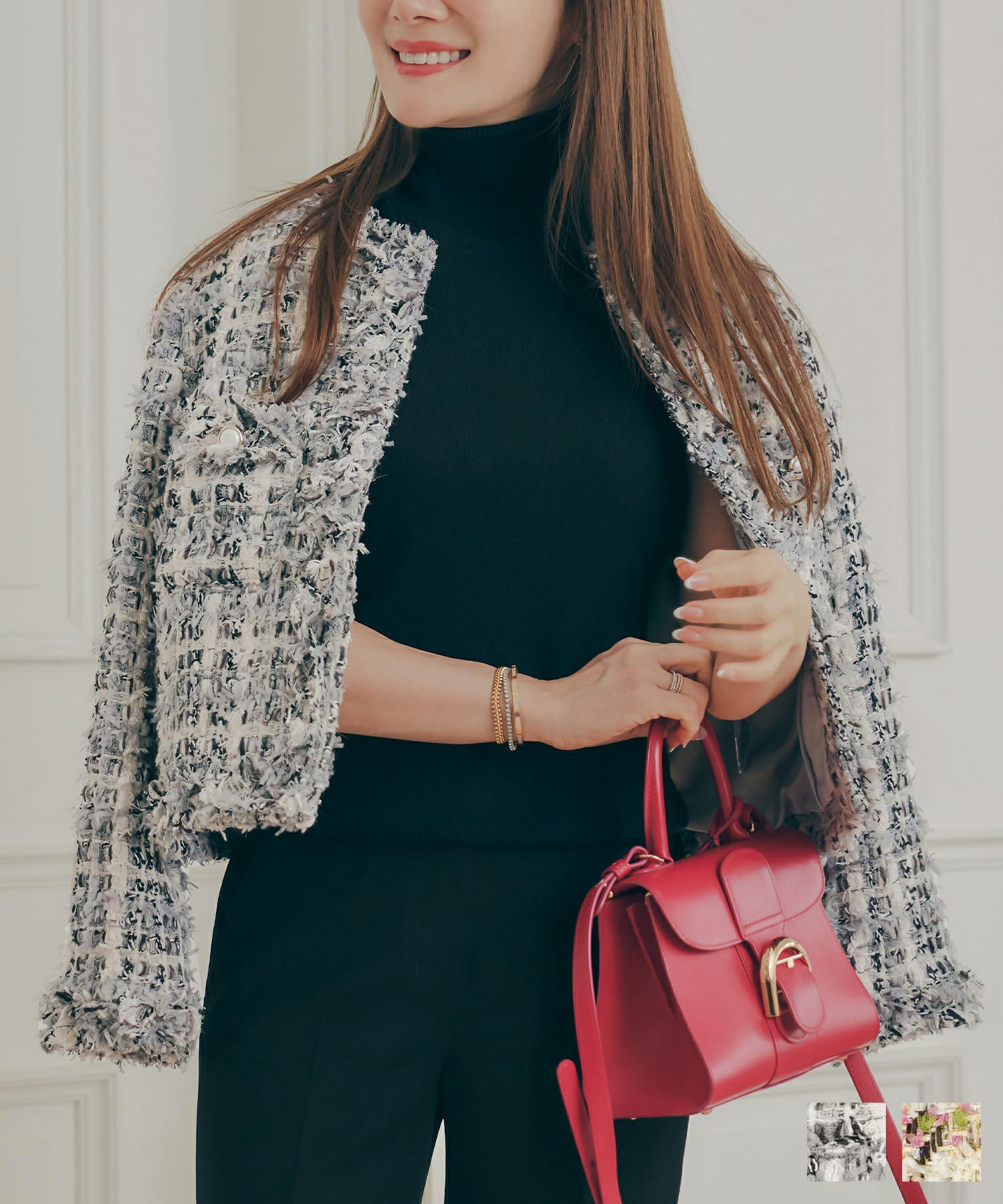 フリンジ ツイード パール釦 ショート丈 ジャケット Liala×PG