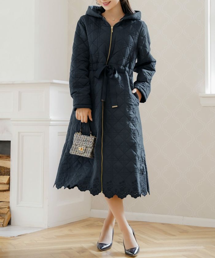 レデイース アウター キルティング ダウン ロング丈 ダイヤ柄 オシャレ コート ダウン 中綿 ２WAY 上品 エレガント カワイイ ベージュ ピンク ネイビー ブラック ホワイト フリル リボン 低身長 ジャケット