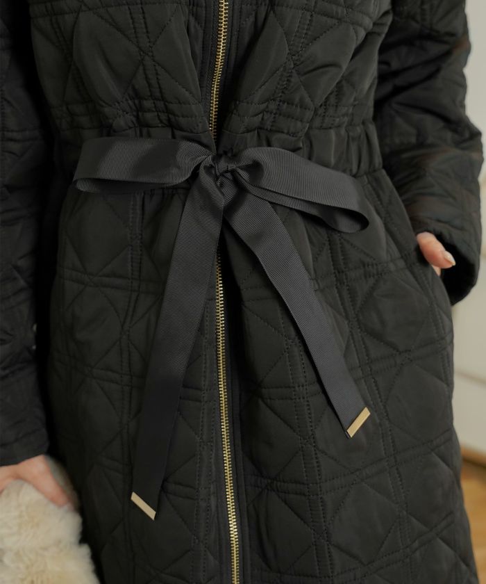 レデイース アウター キルティング ダウン ロング丈 ダイヤ柄 オシャレ コート ダウン 中綿 ２WAY 上品 エレガント カワイイ ベージュ ピンク ネイビー ブラック ホワイト フリル リボン 低身長 ジャケット