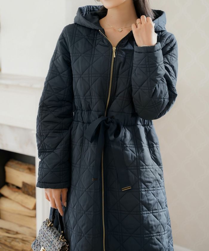 レデイース アウター キルティング ダウン ロング丈 ダイヤ柄 オシャレ コート ダウン 中綿 ２WAY 上品 エレガント カワイイ ベージュ ピンク ネイビー ブラック ホワイト フリル リボン 低身長 ジャケット