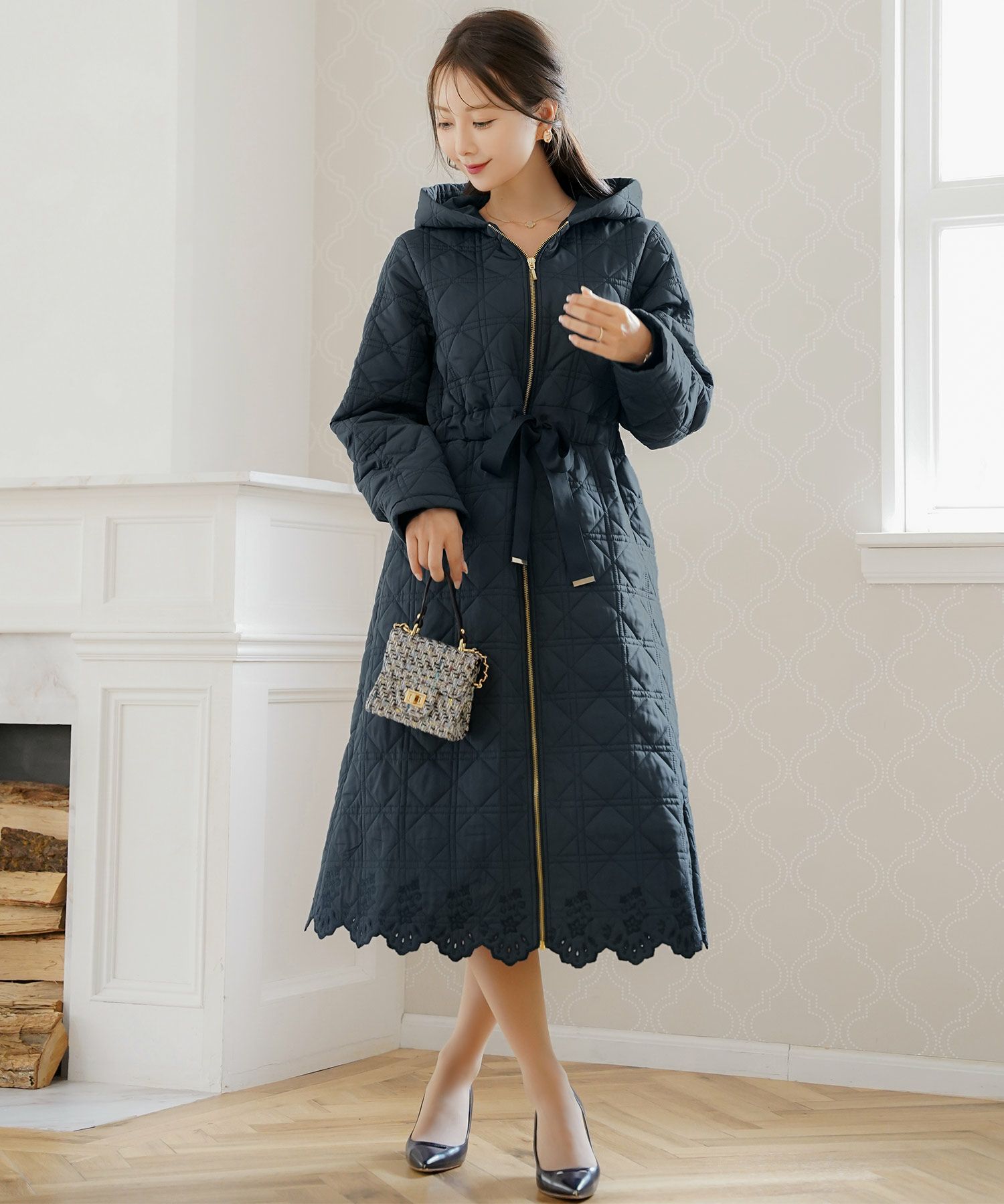 スカラップ刺繍 キルティング ロング丈 コート le reve vaniller 全4色