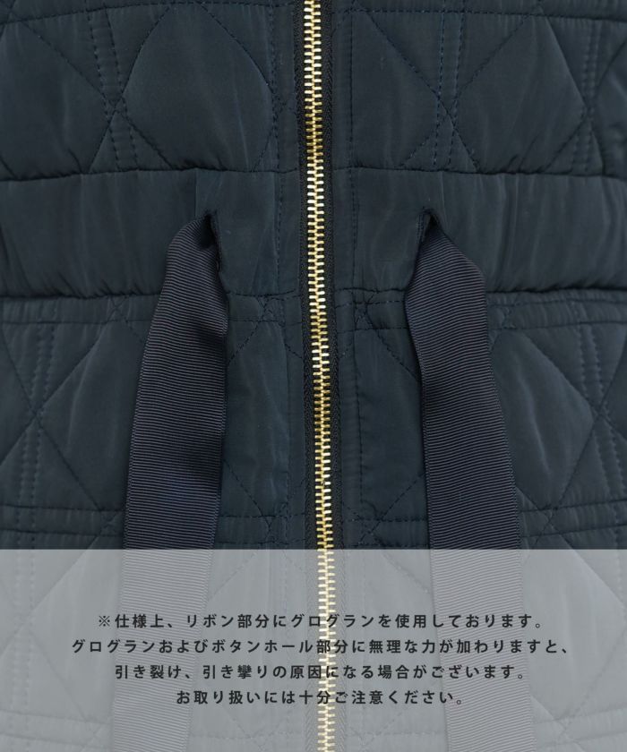 レデイース アウター キルティング ダウン ロング丈 ダイヤ柄 オシャレ コート ダウン 中綿 ２WAY 上品 エレガント カワイイ ベージュ ピンク ネイビー ブラック ホワイト フリル リボン 低身長 ジャケット