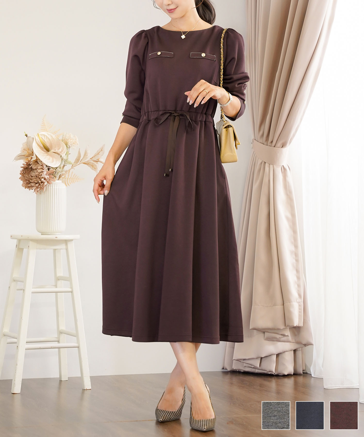 ウエストリボン ダンボールニット クラシカル ワンピース le reve vaniller