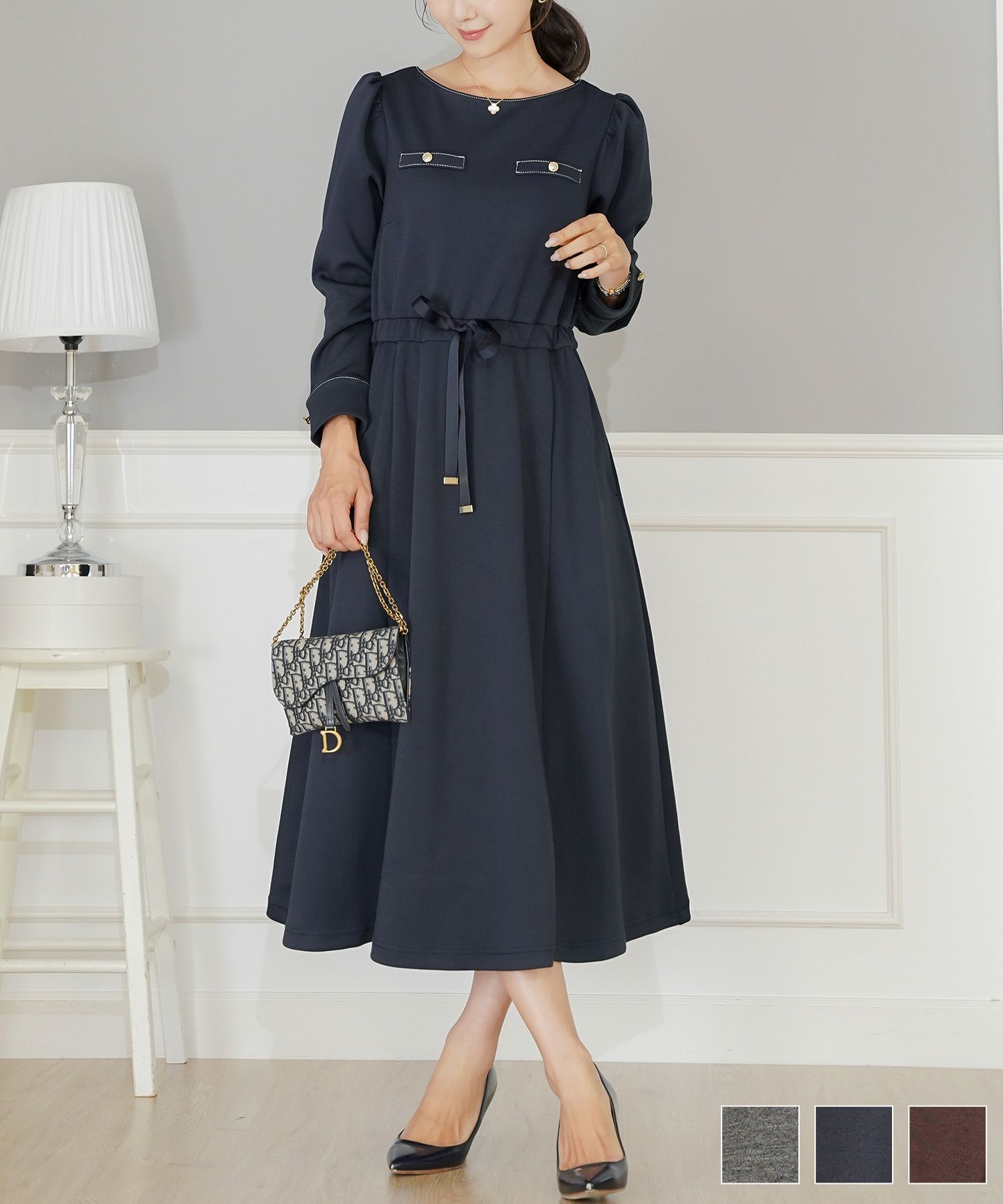 ウエストリボン ダンボールニット クラシカル ワンピース le reve vaniller