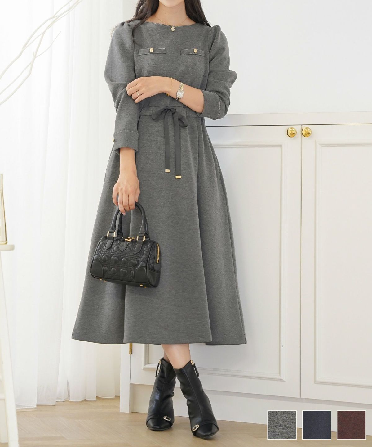 ウエストリボン ダンボールニット クラシカル ワンピース le reve vaniller