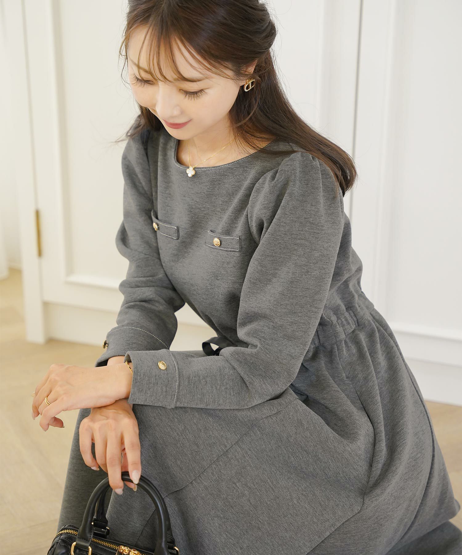 ワンピース 上品 ダンボールニット カットソー きれいめ クルーネック リボン ジョイントスペース