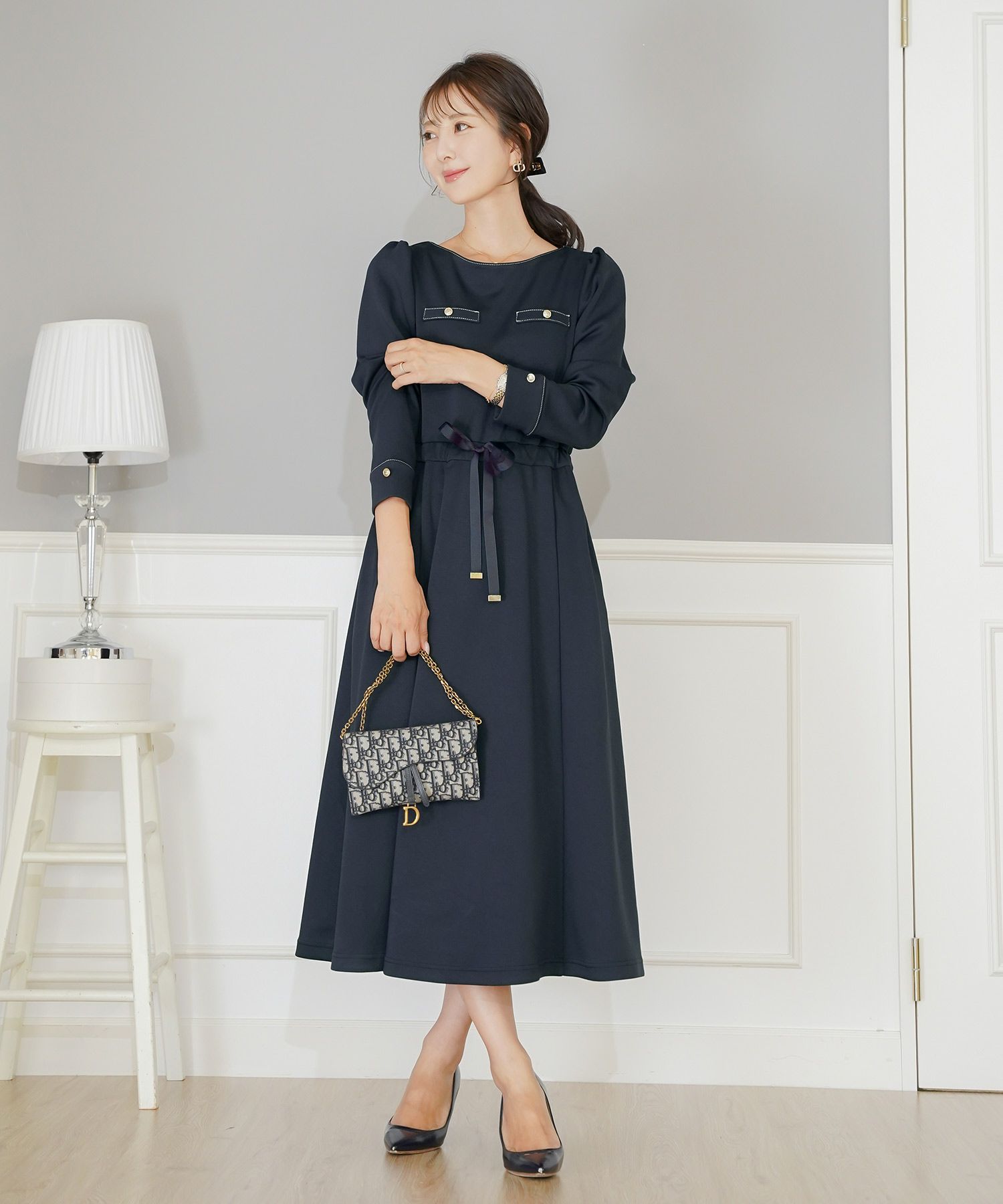 ワンピース 上品 ダンボールニット カットソー きれいめ クルーネック リボン ジョイントスペース