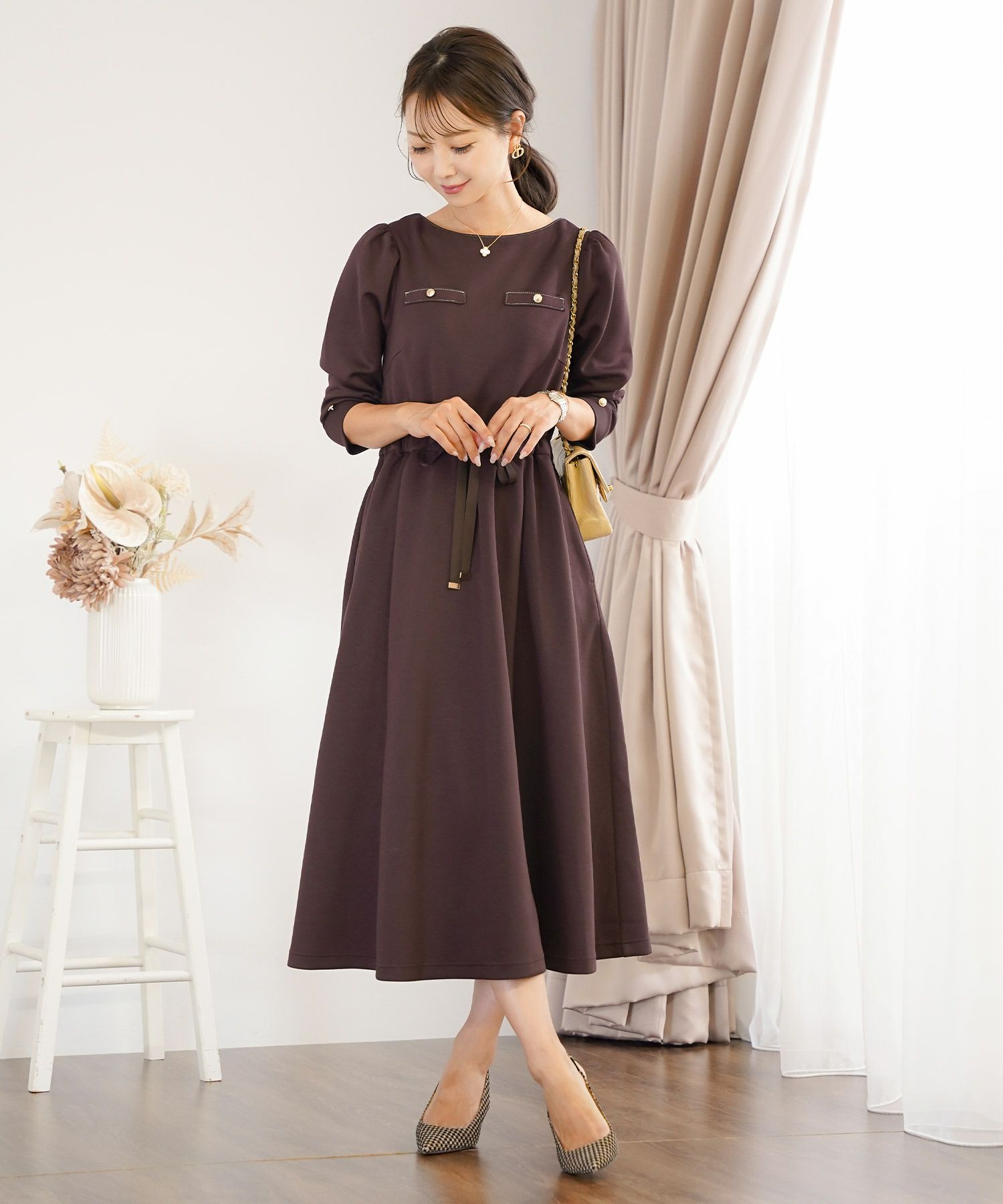 ワンピース 上品 ダンボールニット カットソー きれいめ クルーネック リボン ジョイントスペース