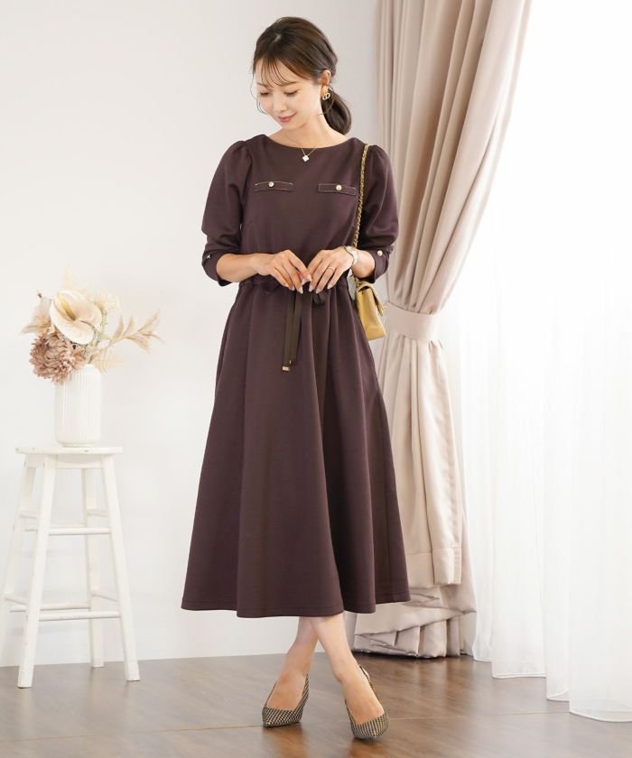 ワンピース 上品 ダンボールニット カットソー きれいめ クルーネック リボン ジョイントスペース