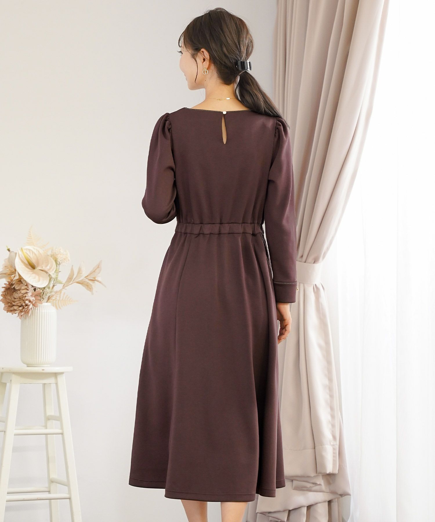 ワンピース 上品 ダンボールニット カットソー きれいめ クルーネック リボン ジョイントスペース