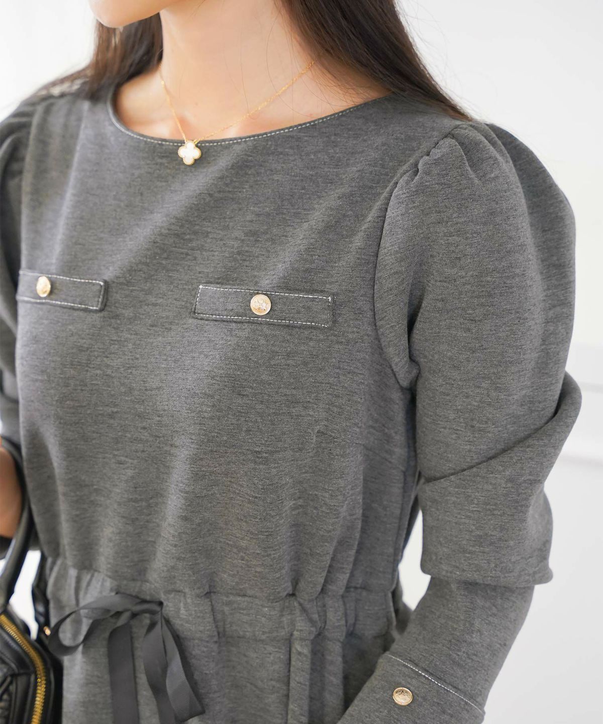 ワンピース 上品 ダンボールニット カットソー きれいめ クルーネック リボン ジョイントスペース