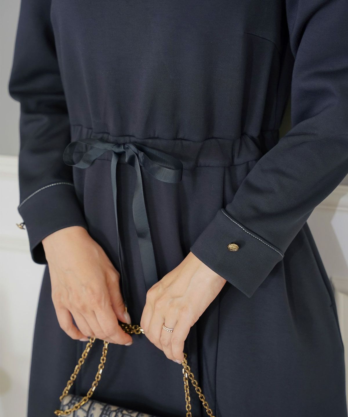 ワンピース 上品 ダンボールニット カットソー きれいめ クルーネック リボン ジョイントスペース