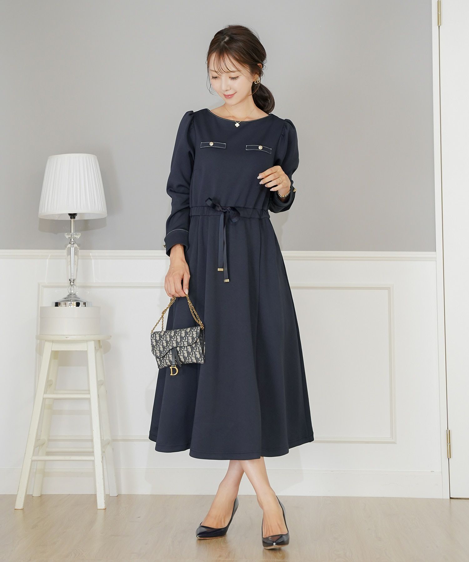 ワンピース 上品 ダンボールニット カットソー きれいめ クルーネック リボン ジョイントスペース