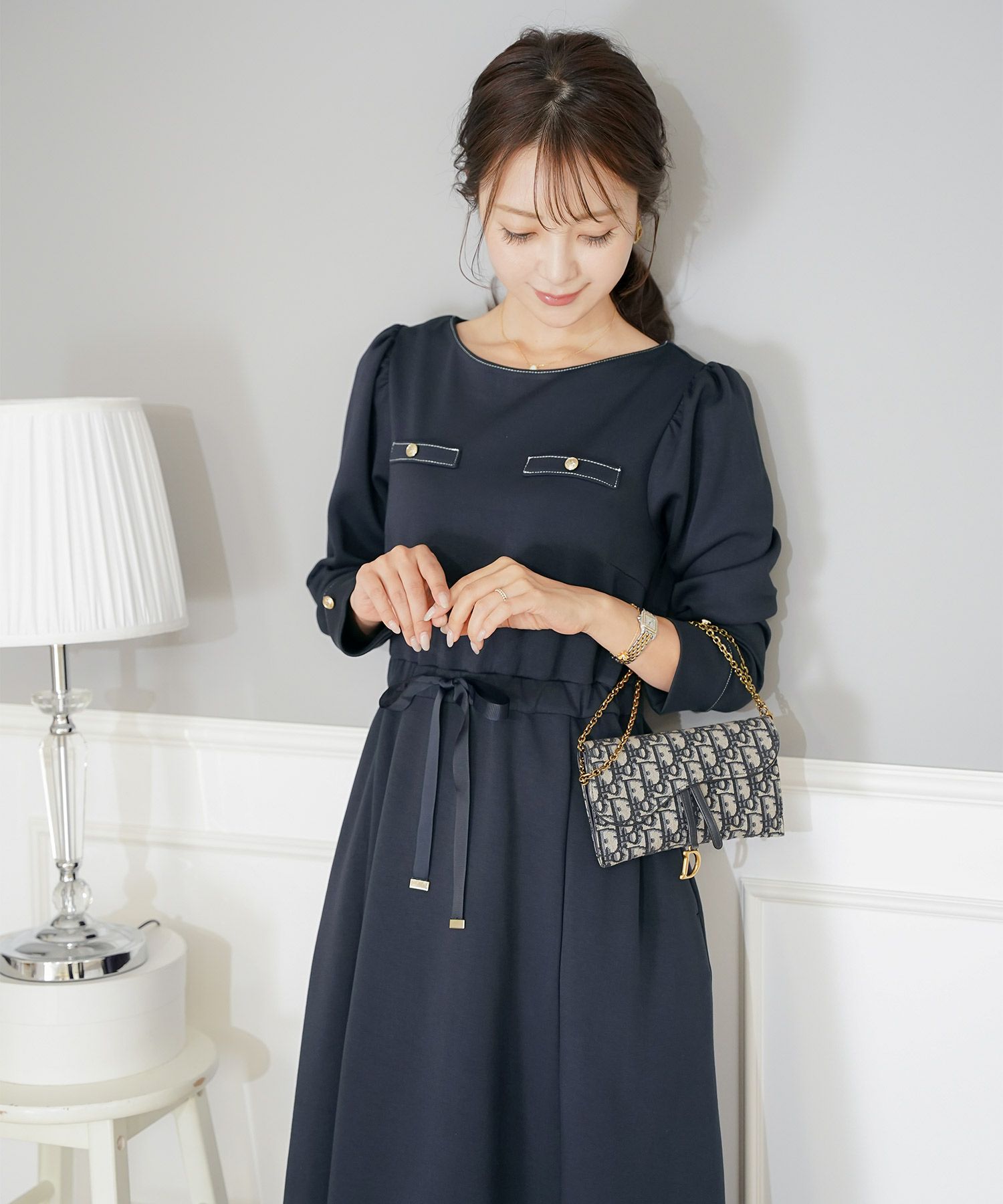 ワンピース 上品 ダンボールニット カットソー きれいめ クルーネック リボン ジョイントスペース