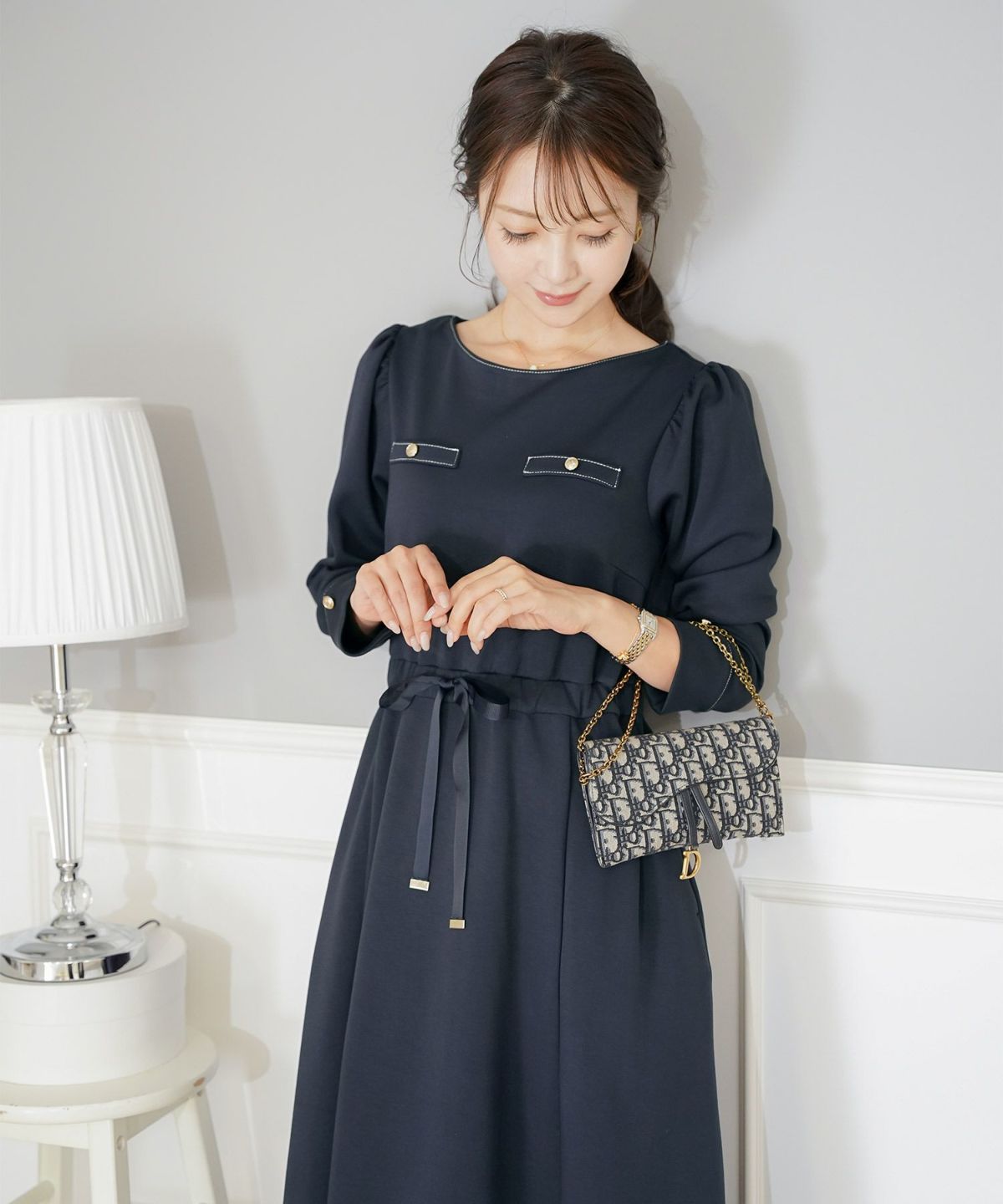 ワンピース 上品 ダンボールニット カットソー きれいめ クルーネック リボン ジョイントスペース